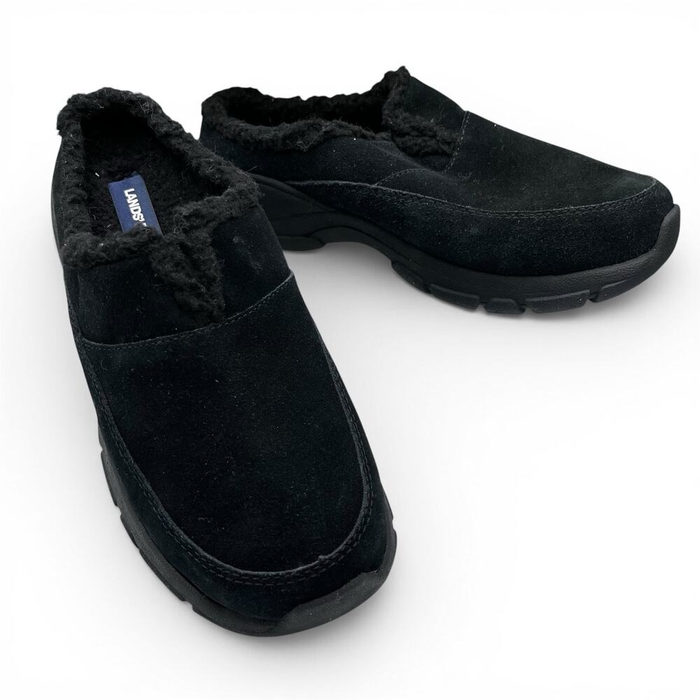 Lands’ End Black Suede Clogs 6B Faux Fur Lining Comfort Slippers Mules